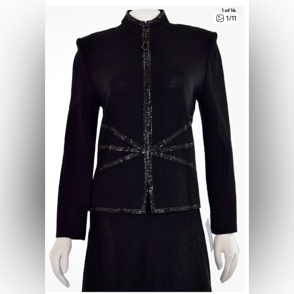 ST JOHN EVENING by MARIE GRAY BLACK/SILVER STARBURST KNIT JACKET SIZE 10